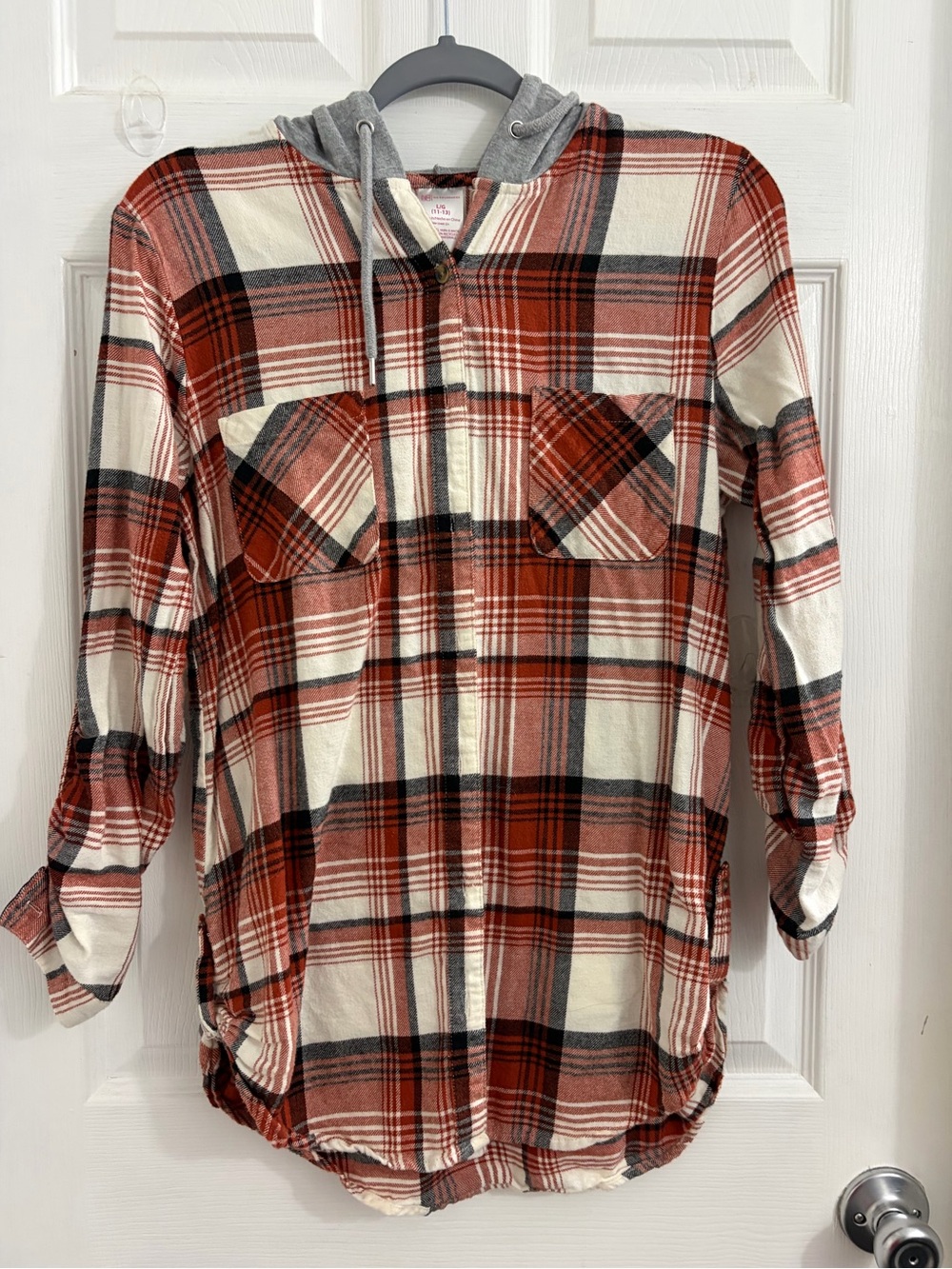 No Boundaries Red and Cream Plaid Hooded Button-Down Shirt